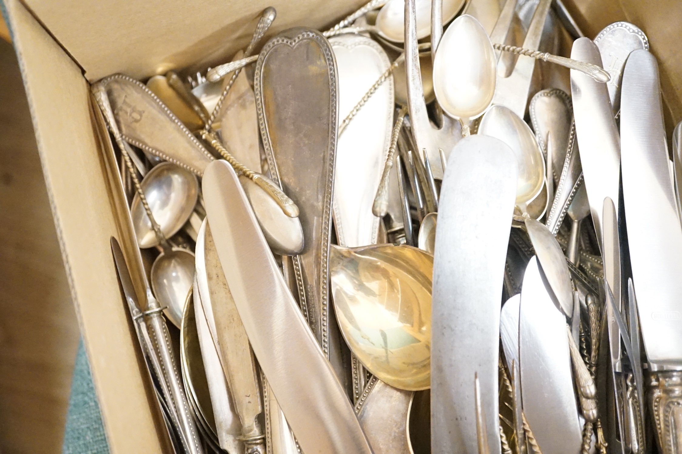 A part canteen of German 800 standard beaded pattern white metal cutlery, by H. Meyen & Co, comprising ten dessert forks, eight pairs of fish eaters, eight table forks, seven tablespoons, eighteen dessert spoons, eightee